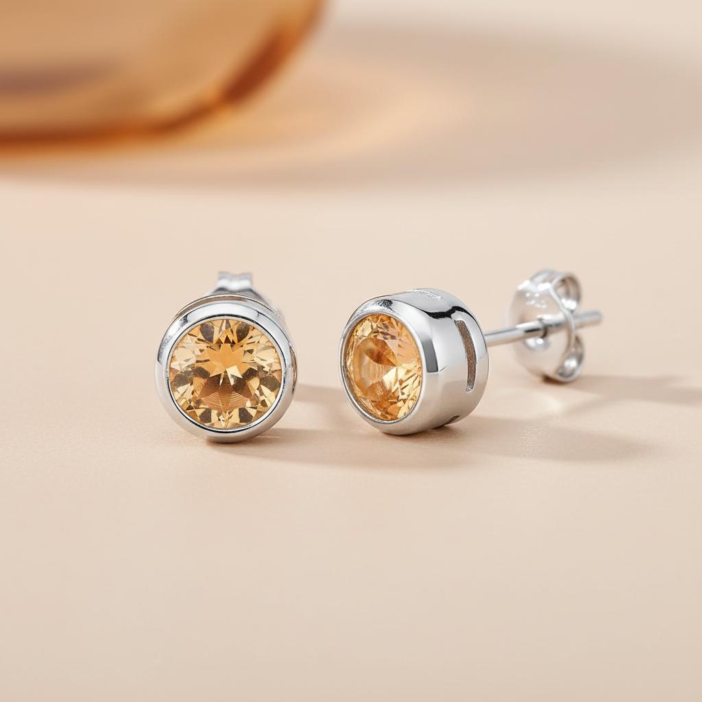 Silversmiths’ sterling silver citrine stud earrings feature round yellow gemstones in bezel settings.