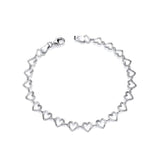 A sterling silver diamond cut heart link bracelet with a lobster clasp is displayed on a plain white background.