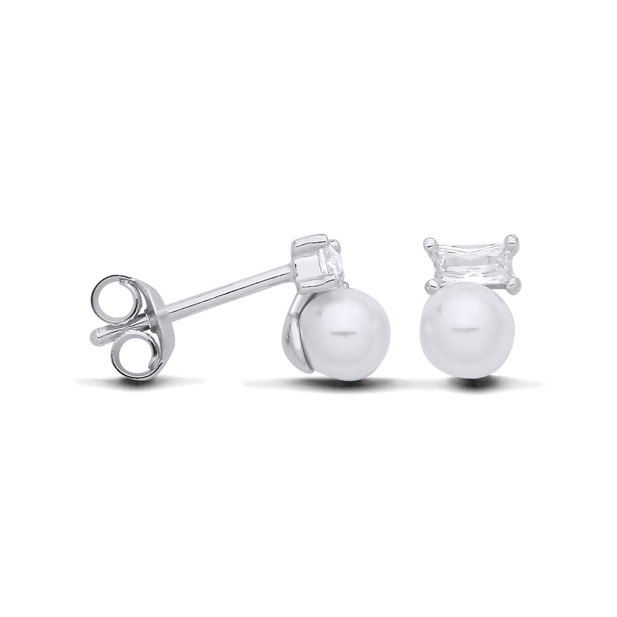 Sterling silver stud earrings with simulated pearls and baguette-cut cubic zirconia.