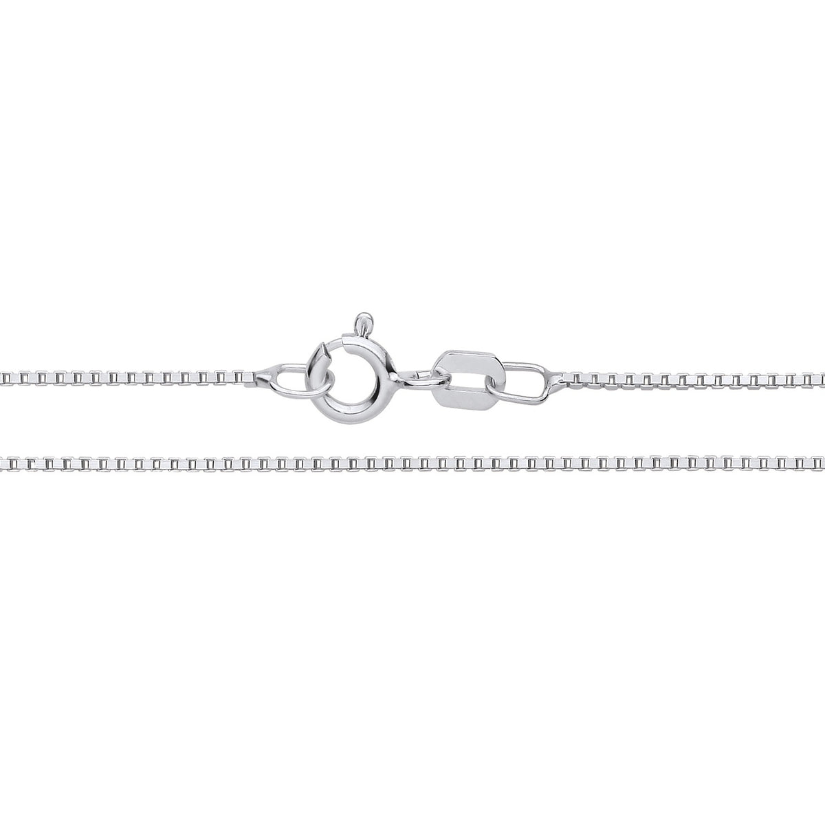 A Silversmiths sterling silver 0.9mm box chain necklace with a spring ring clasp, shown on a white background.