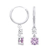 Sterling silver drop hoop earrings with simulated amethyst and CZ stones set in unique prong settings.