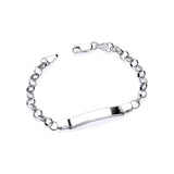 A polished sterling silver children’s ID Belcher bracelet by Silversmiths, displayed on a white background.