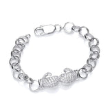 Sterling silver child’s bracelet with cubic zirconia boxing glove charm and lobster clasp on a white background.
