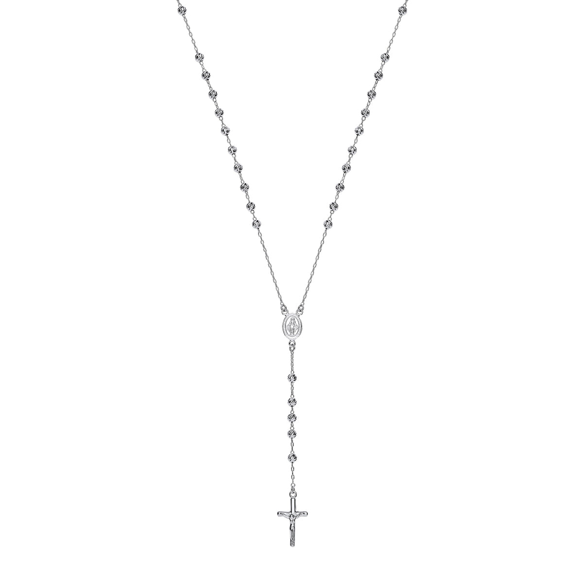 Silversmiths Sterling Silver 28″ rosary necklace with bead stations, a medallion, and a cross pendant.