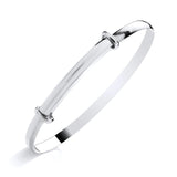 Sterling silver 4mm expanding bangle with D-shaped profile, two accents, and a minimalist bar design.