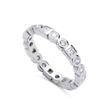 This sterling silver eternity ring has round and square cubic zirconia stones set all the way around.