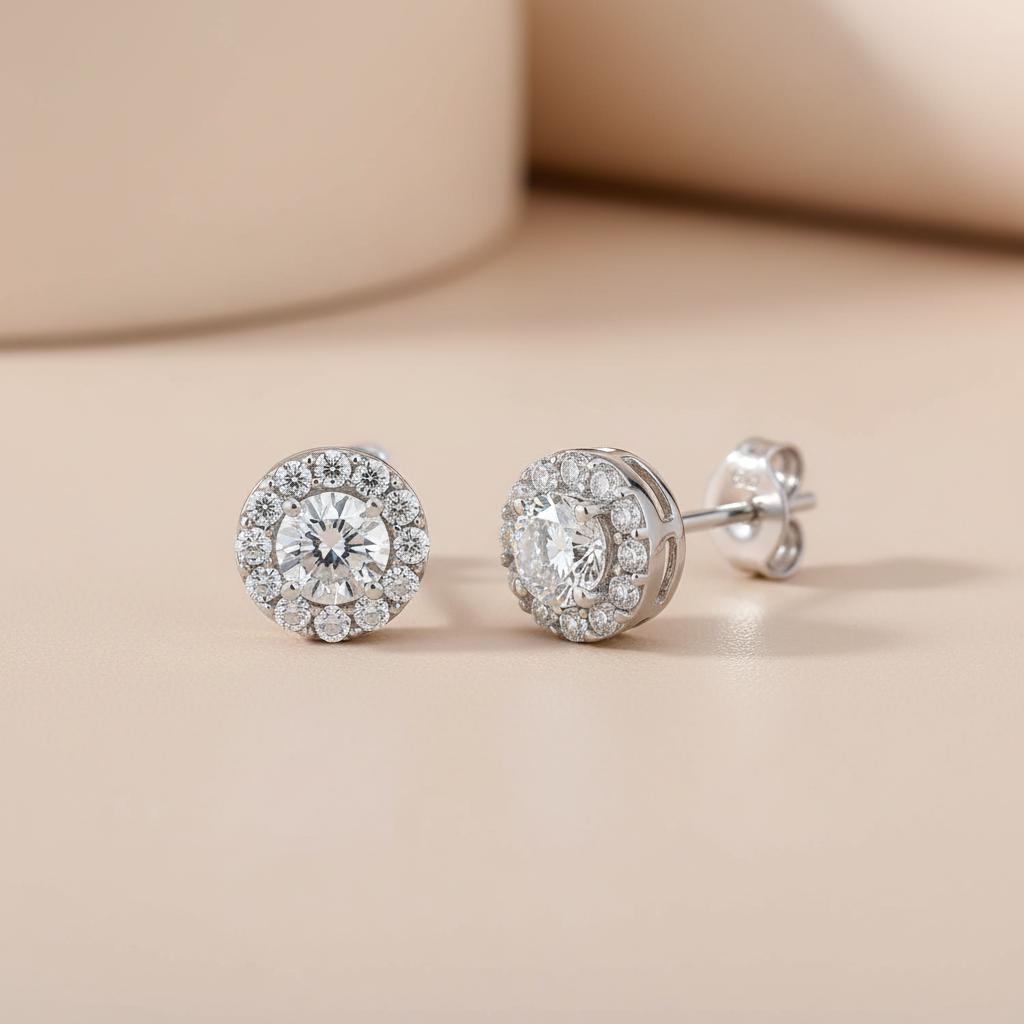 Silversmiths sterling silver round cubic zirconia halo stud earrings on beige, viewed from front and side.