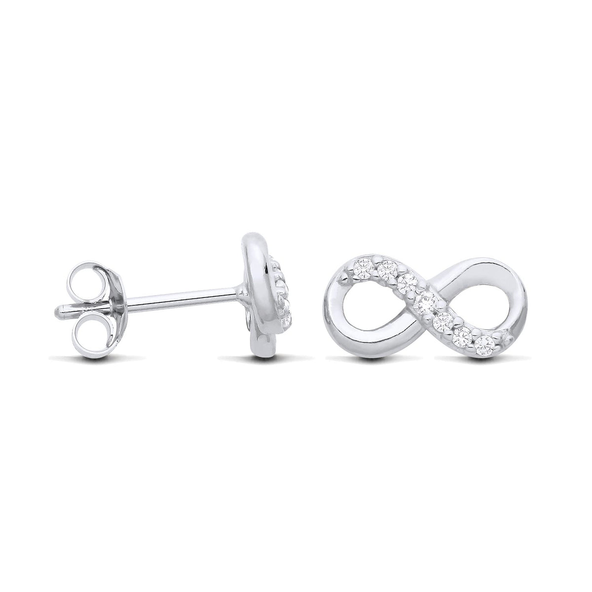 Sterling silver infinity stud earrings with cubic zirconia, displayed in both front and side views.