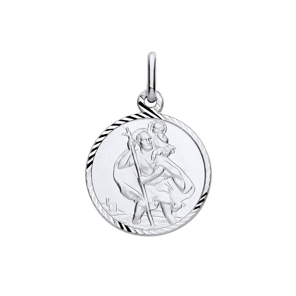 Sterling silver 16mm St Christopher pendant by Silversmiths with a diamond cut border and engraved design.