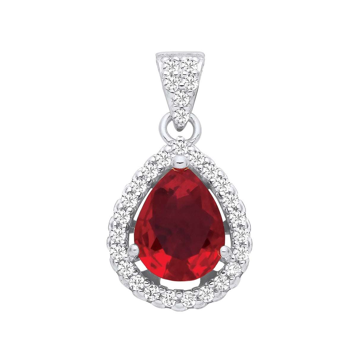 Sterling silver pendant featuring a pear-cut simulated ruby and cubic zirconia accents by Silversmiths.