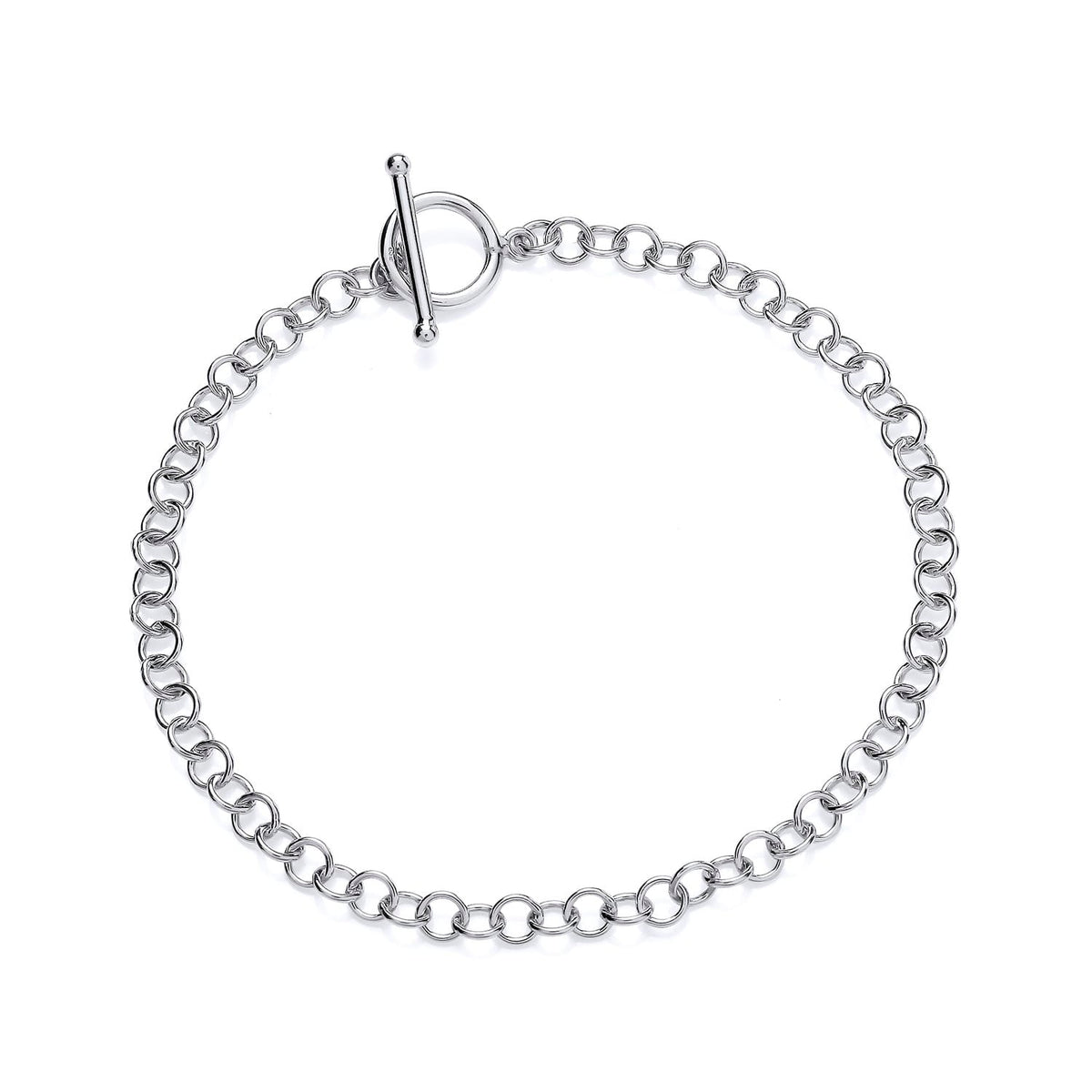 A Silversmiths Sterling Silver 4mm T-Bar Belcher Bracelet with round links displayed in a circle on a white background.