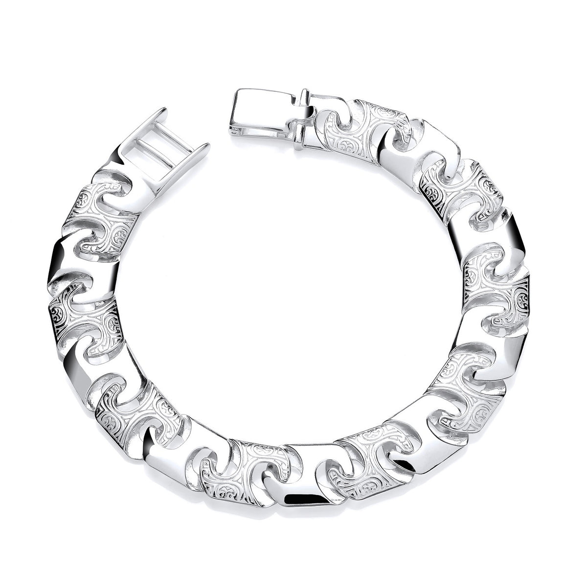 Silversmiths’ sterling silver men’s patterned cast link bracelet displayed on a plain white background.