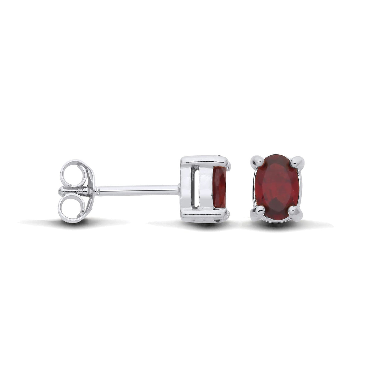 Sterling silver stud earrings feature oval natural garnets and butterfly backs, displayed from several viewpoints.