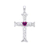 Sterling silver Claddagh cross pendant with a simulated amethyst heart and detailed Celtic knotwork.