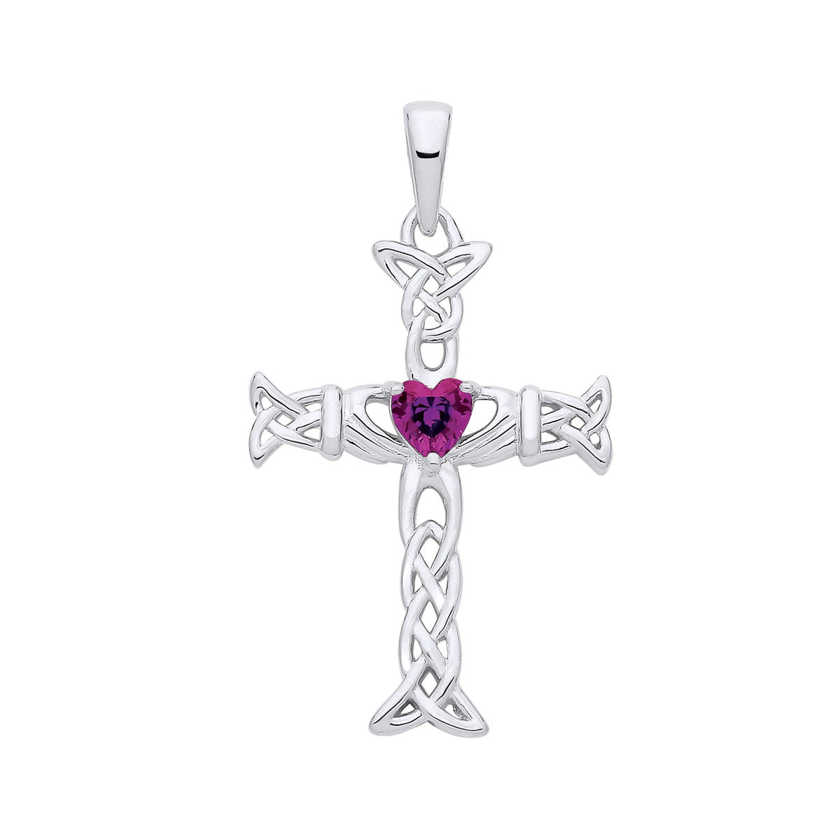 Sterling silver Claddagh cross pendant with a simulated amethyst heart and detailed Celtic knotwork.