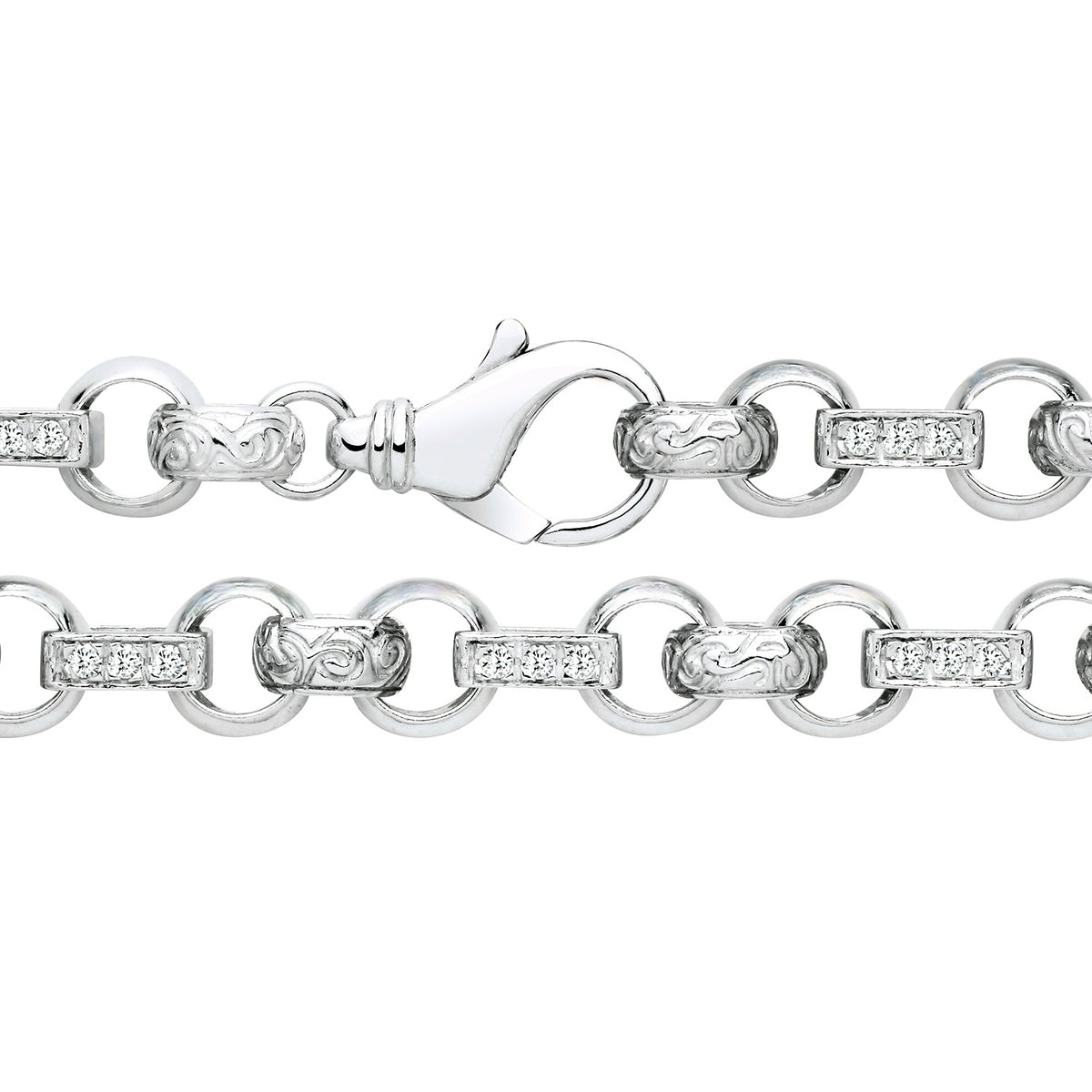Sterling silver belcher chain necklace, 12.5mm textured links, CZ accents, and lobster clasp closure.