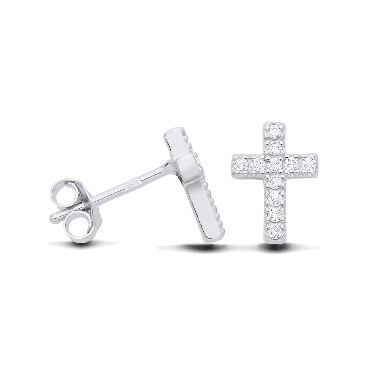 Silversmiths sterling silver pavé cubic zirconia cross studs with clear stones in a minimalist earring design.
