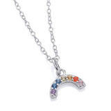 Sterling silver necklace with a crescent moon pendant featuring rainbow cubic zirconia and an added celestial charm.