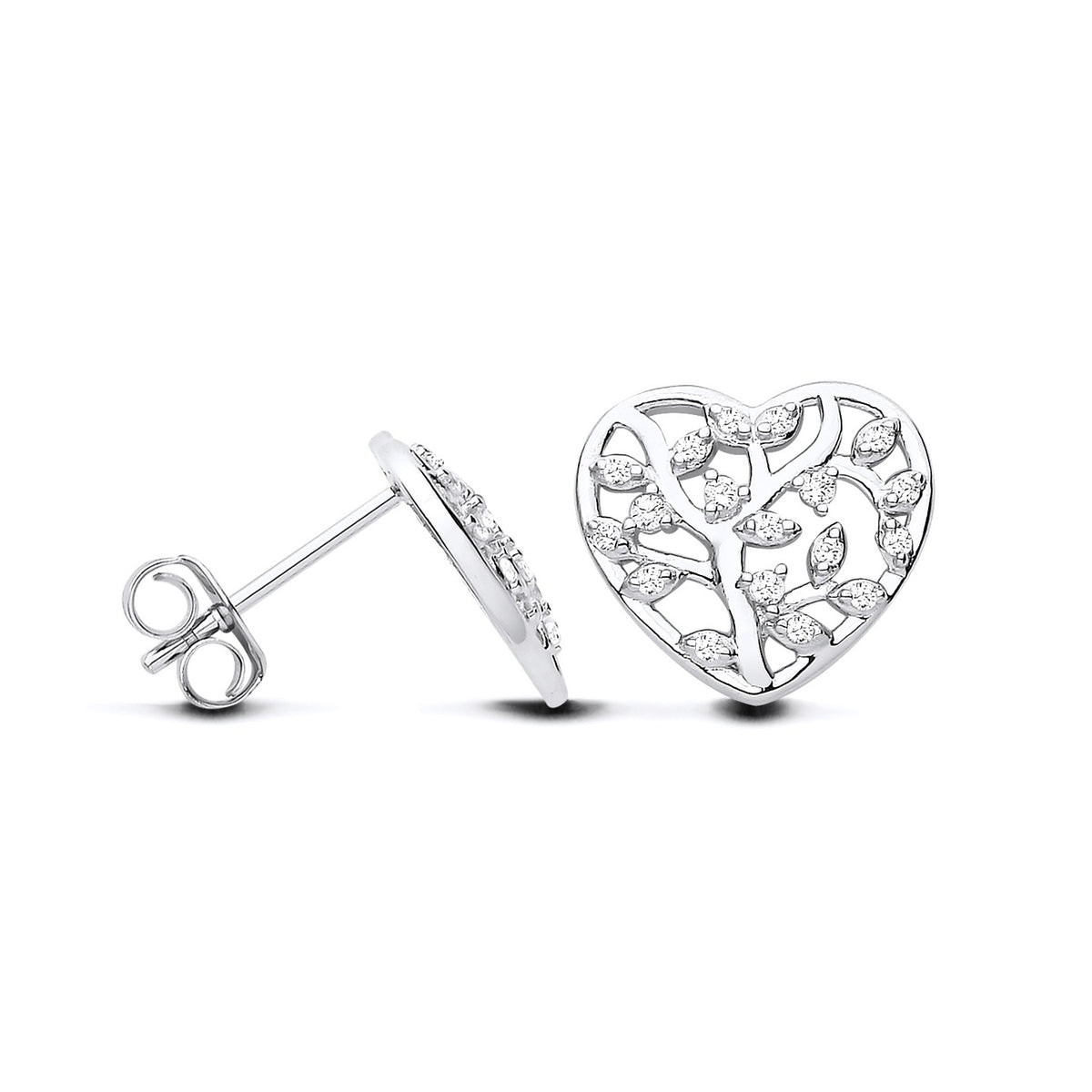 Silversmiths sterling silver heart stud earrings feature a 13mm tree of life design with cubic zirconia accents.