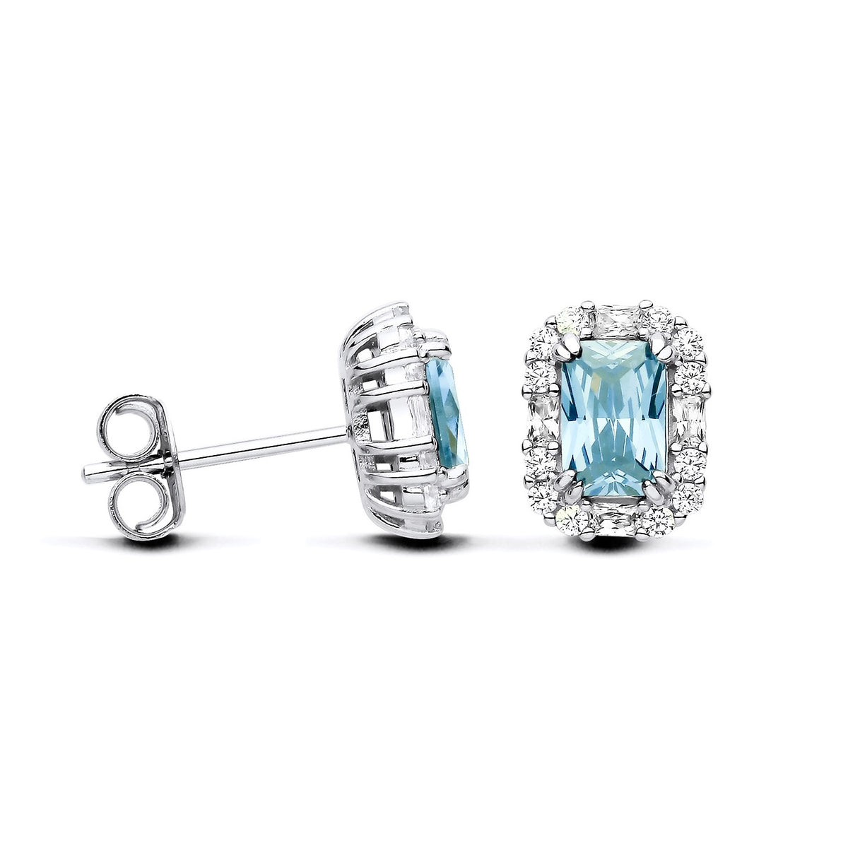 Silversmiths silver stud earrings feature blue simulated aquamarine stones surrounded by a sparkling halo accent.