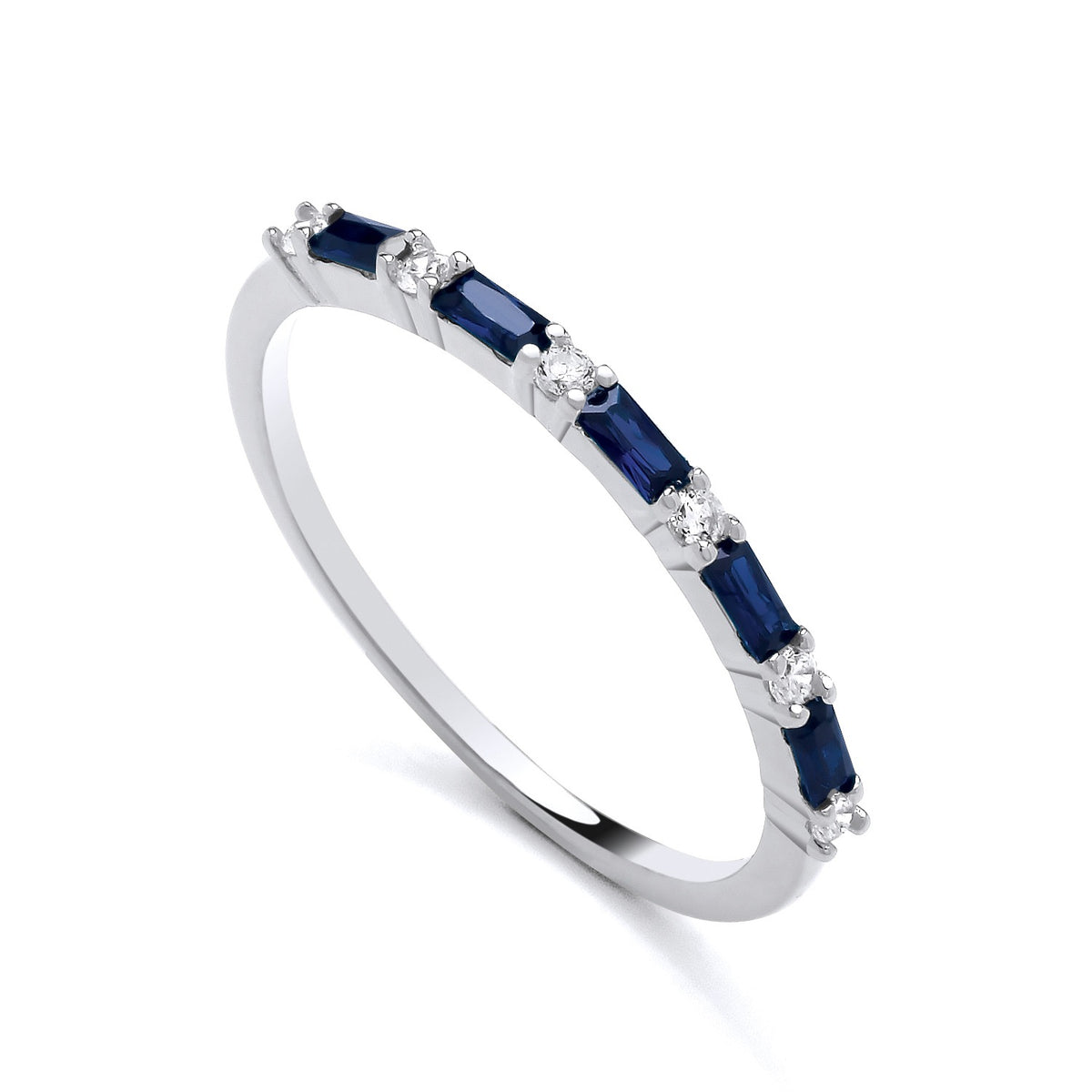 Sterling silver eternity band ring featuring simulated sapphires and cubic zirconia baguettes.