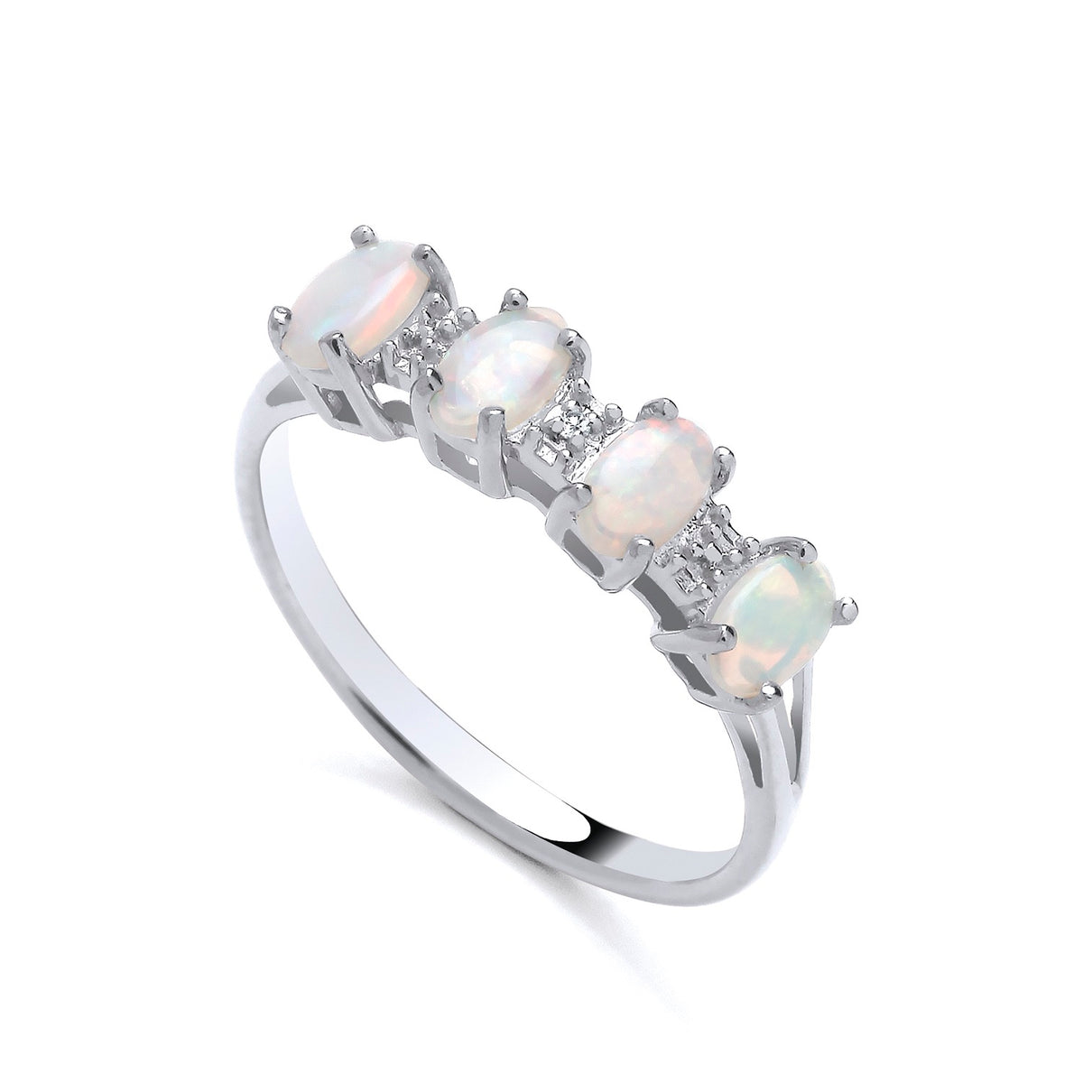 Sterling silver ring by Silversmiths featuring four oval simulated opals and cubic zirconia accents.