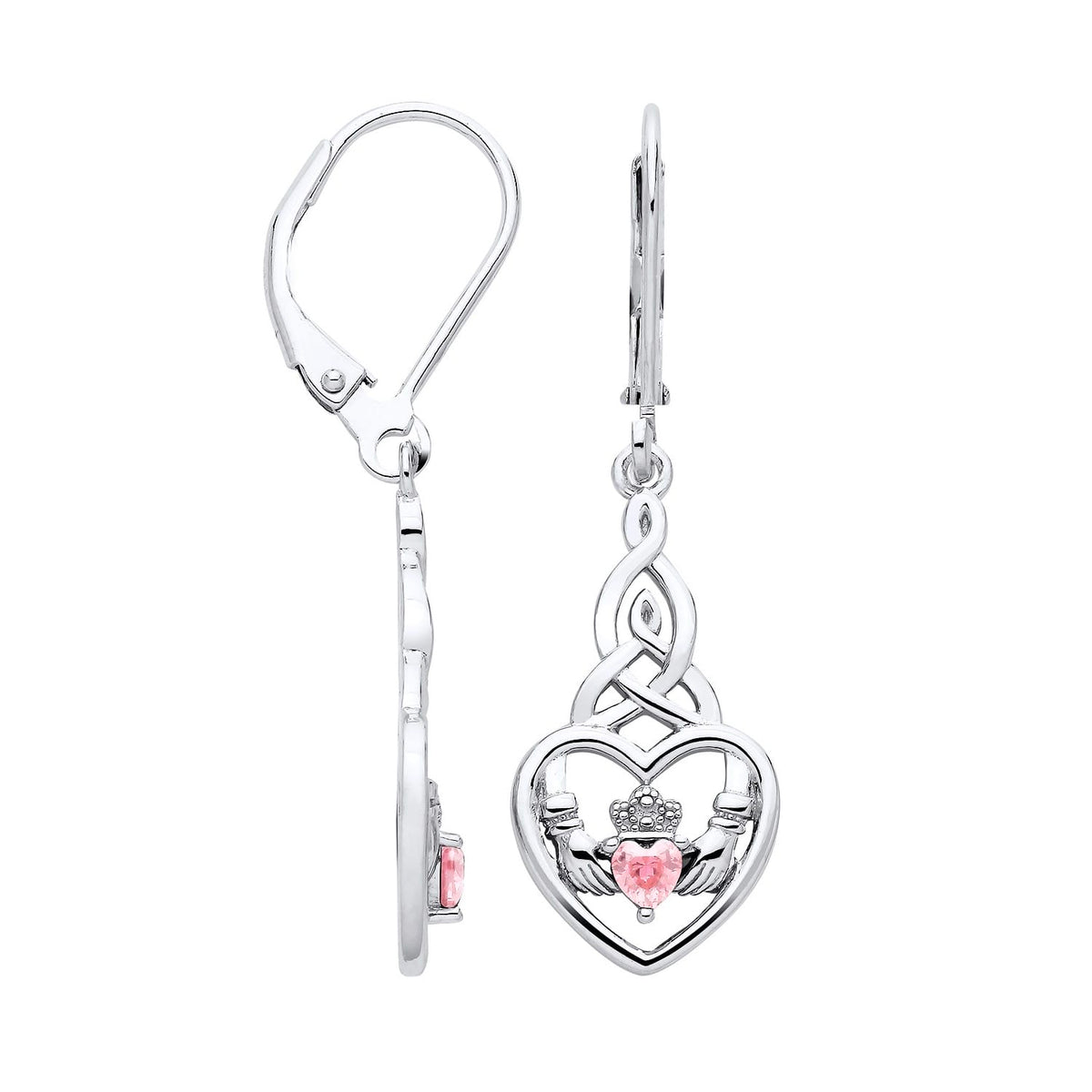 Sterling silver Claddagh drop earrings feature pink sapphire accents and Trinity knot details.