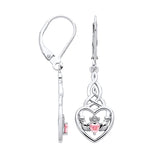Sterling silver Claddagh drop earrings feature pink sapphire accents and Trinity knot details.