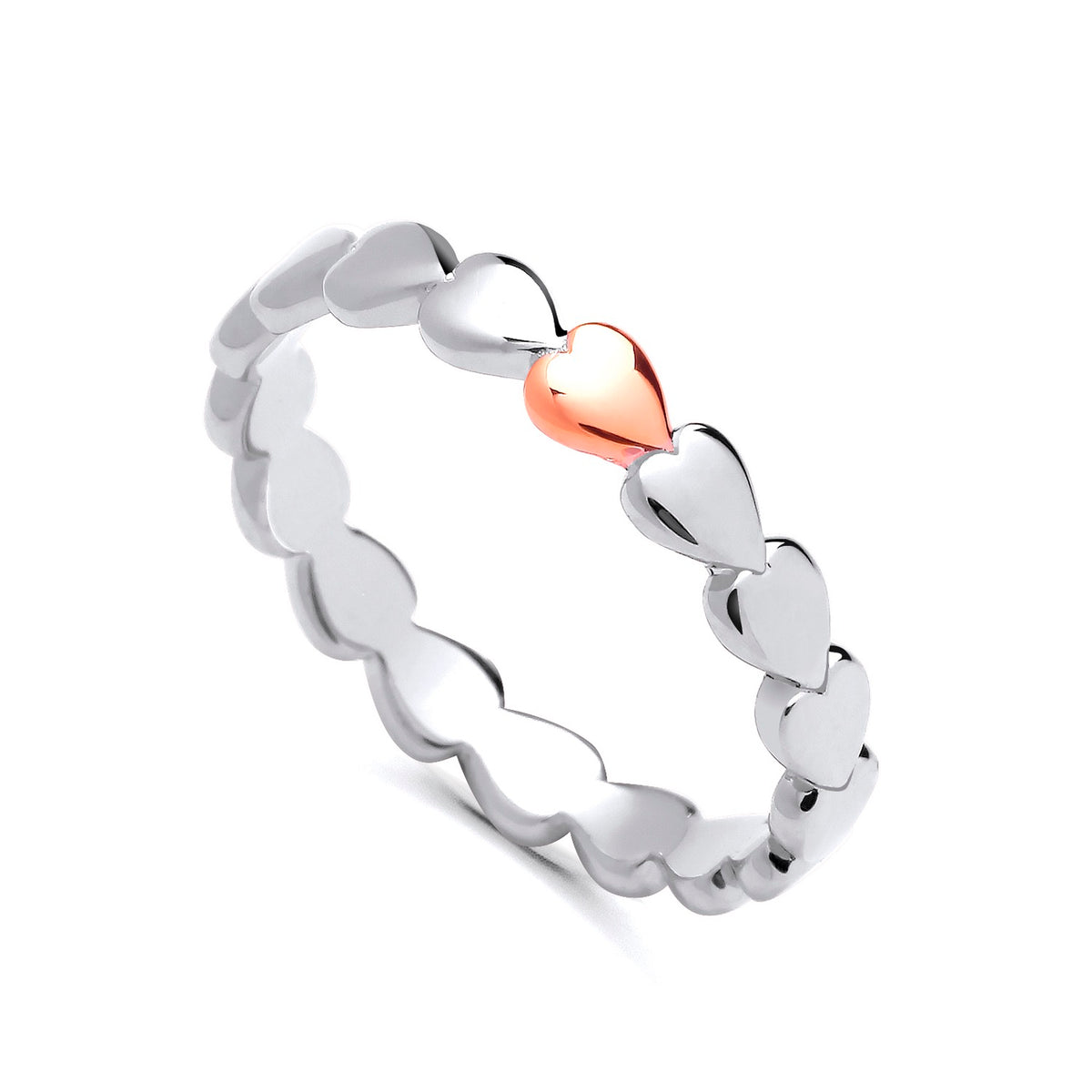 Sterling silver band ring by Silversmiths features a rose gold plated heart-shaped design.