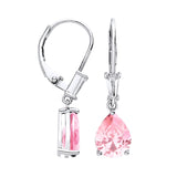 Silversmiths sterling silver drop earrings with prong-set simulated pink sapphire gemstones.