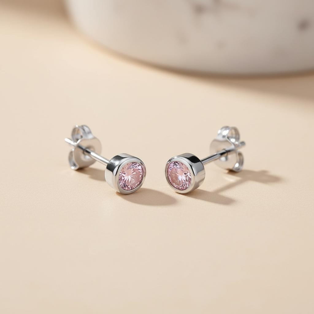 Sterling silver bezel studs with faceted simulated pink sapphires, displayed on a beige surface.