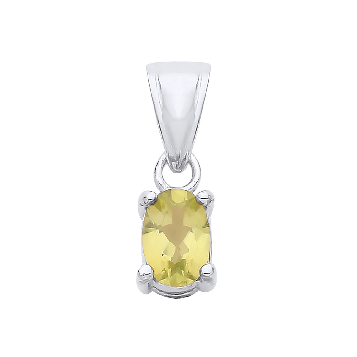 Sterling silver pendant with an oval natural peridot in a four-prong setting, shown on a white background.