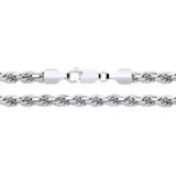A 5mm sterling silver diamond-cut rope chain necklace with a lobster clasp is shown close-up on a white background.