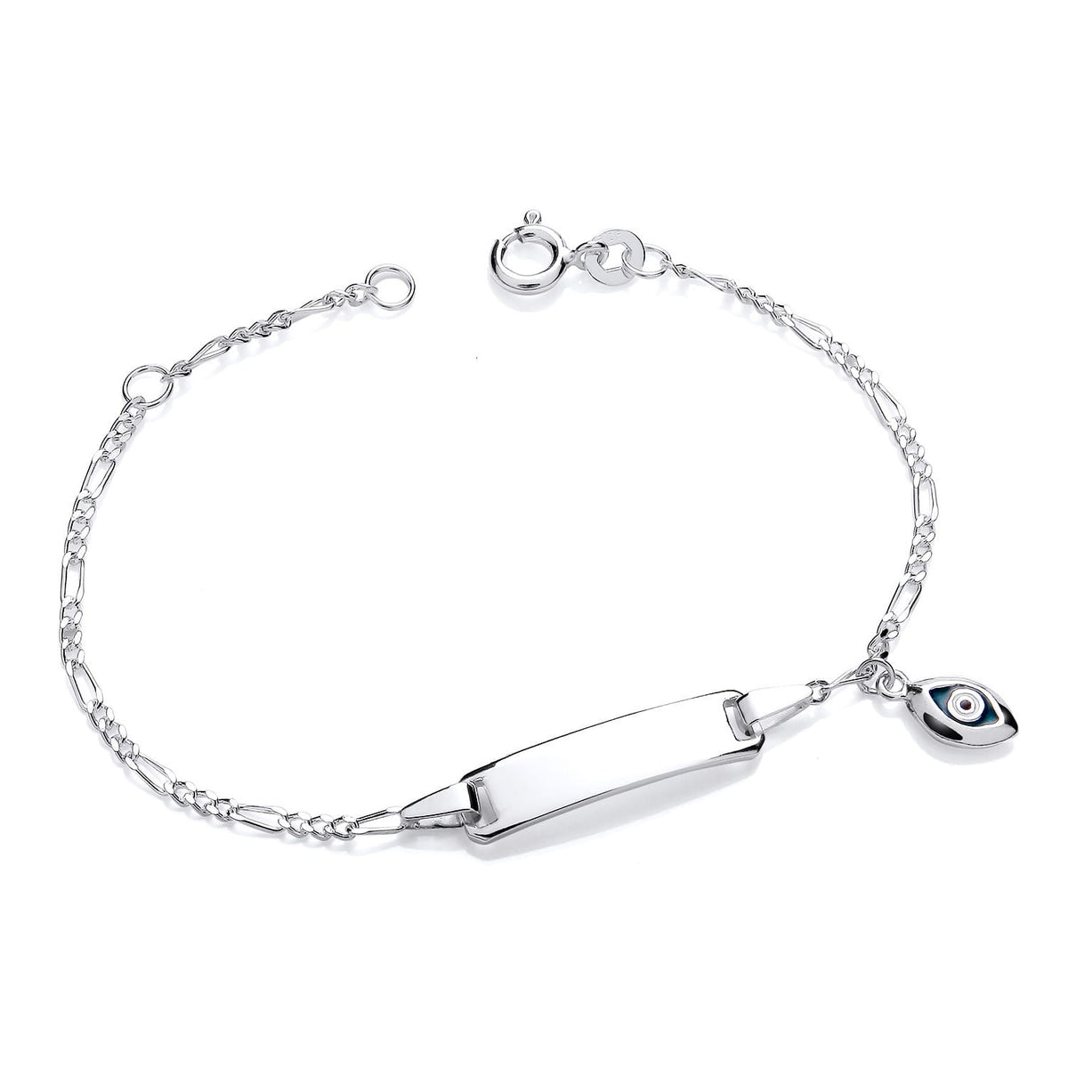 Sterling silver children’s ID bracelet with a blank plate, evil eye charm, and secure spring clasp.