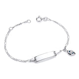 Sterling silver children’s ID bracelet with a blank plate, evil eye charm, and secure spring clasp.