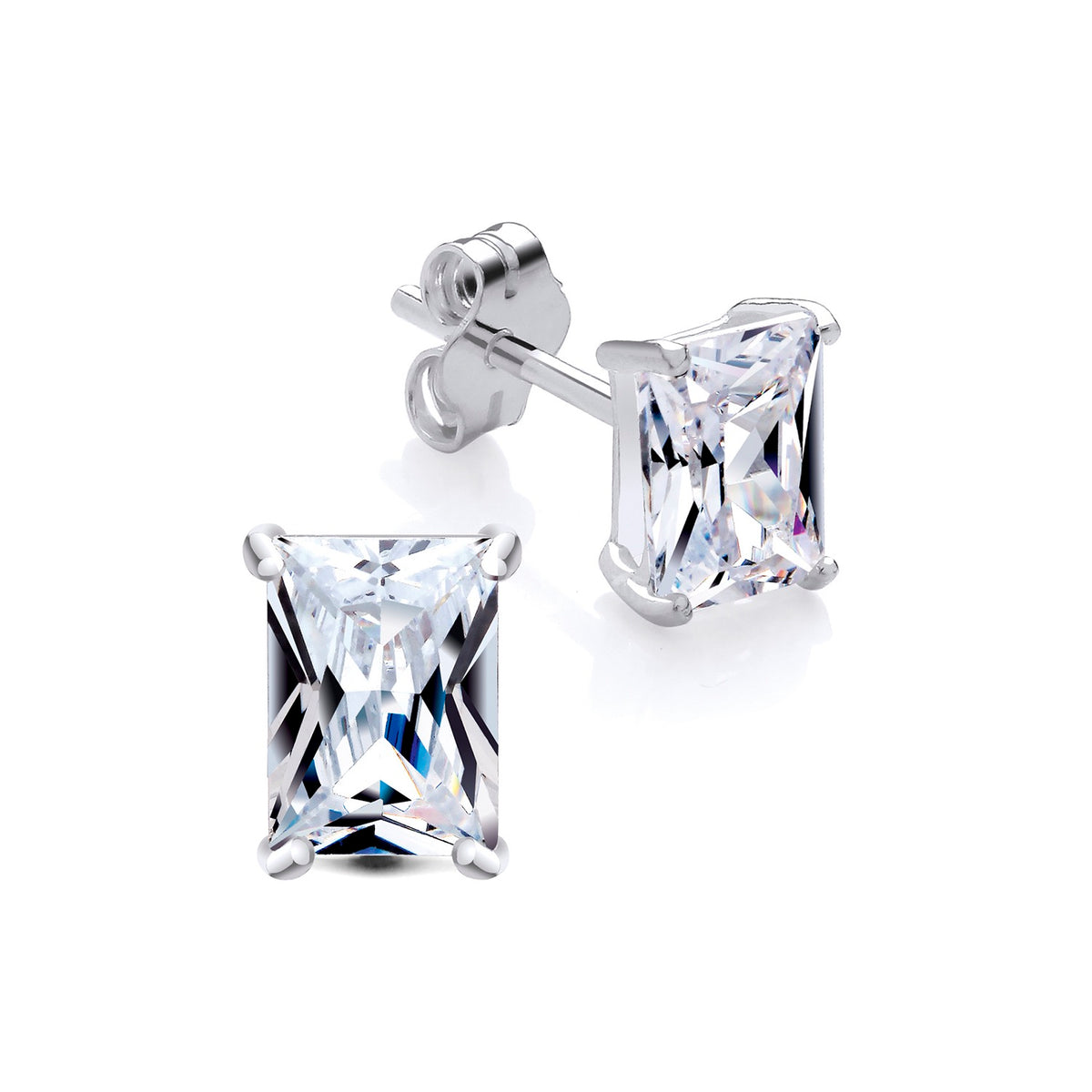 Sterling silver stud earrings featuring emerald-cut cubic zirconia in prong settings.