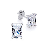 Sterling silver stud earrings featuring emerald-cut cubic zirconia in prong settings.