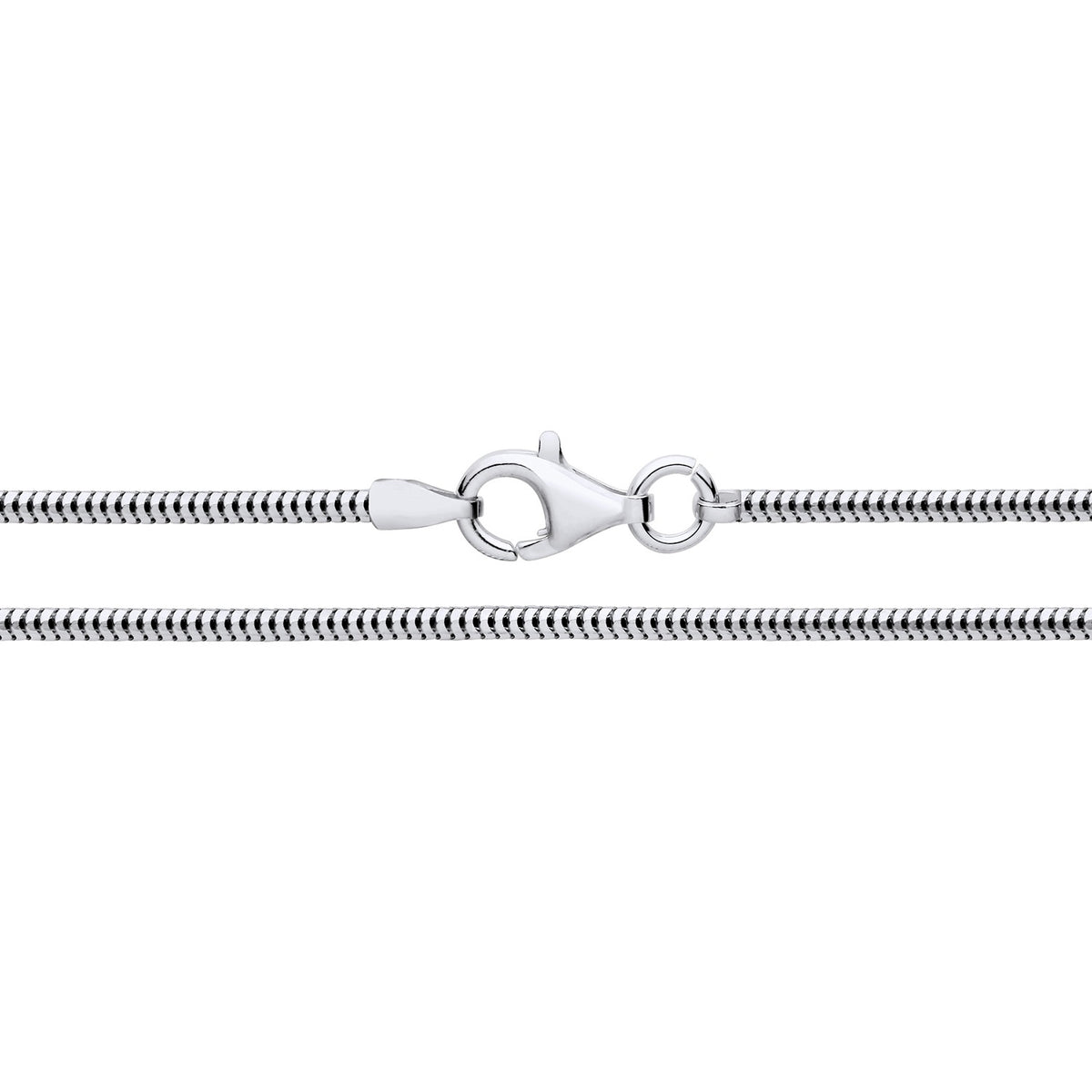 A 1.6mm sterling silver snake chain necklace with a lobster clasp, shown close up on a white background.