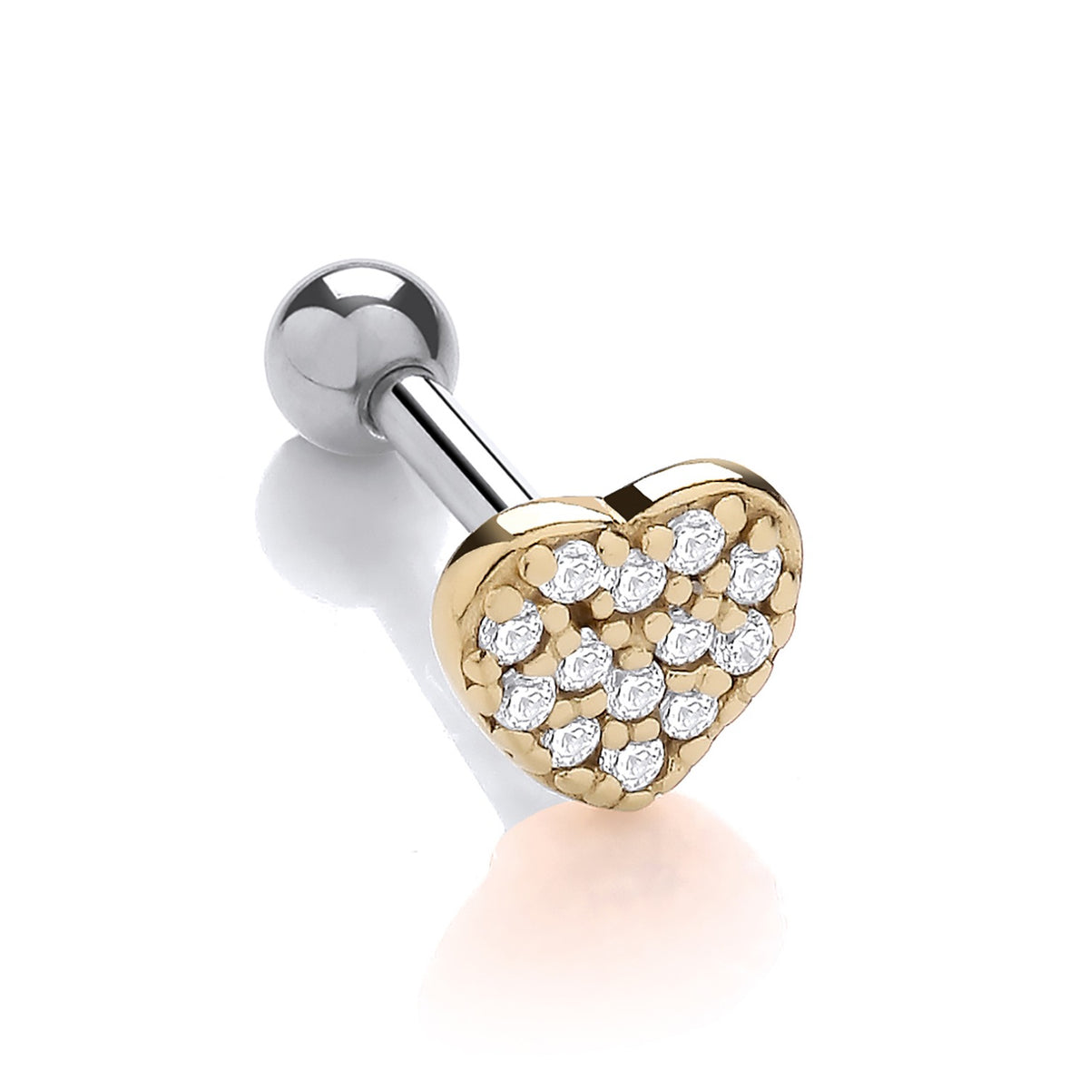 Silversmiths two tone 18ct gold plated silver helix stud with a CZ heart design for ear stacking.