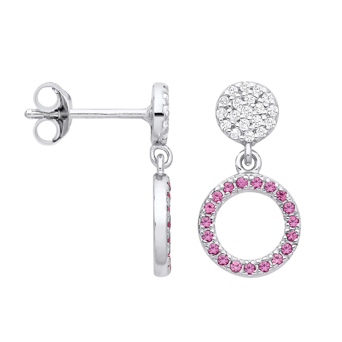 Sterling silver circle drop stud earrings with simulated ruby pavé, pink stones, and clear accent details.