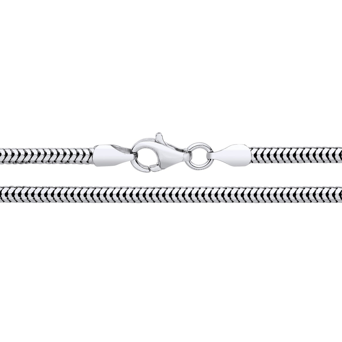 A 2.5mm sterling silver snake chain necklace with a lobster clasp is displayed straight on a white background.