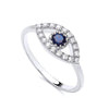 Silversmiths Evil Eye Ring in sterling silver with a simulated sapphire center and a CZ halo.