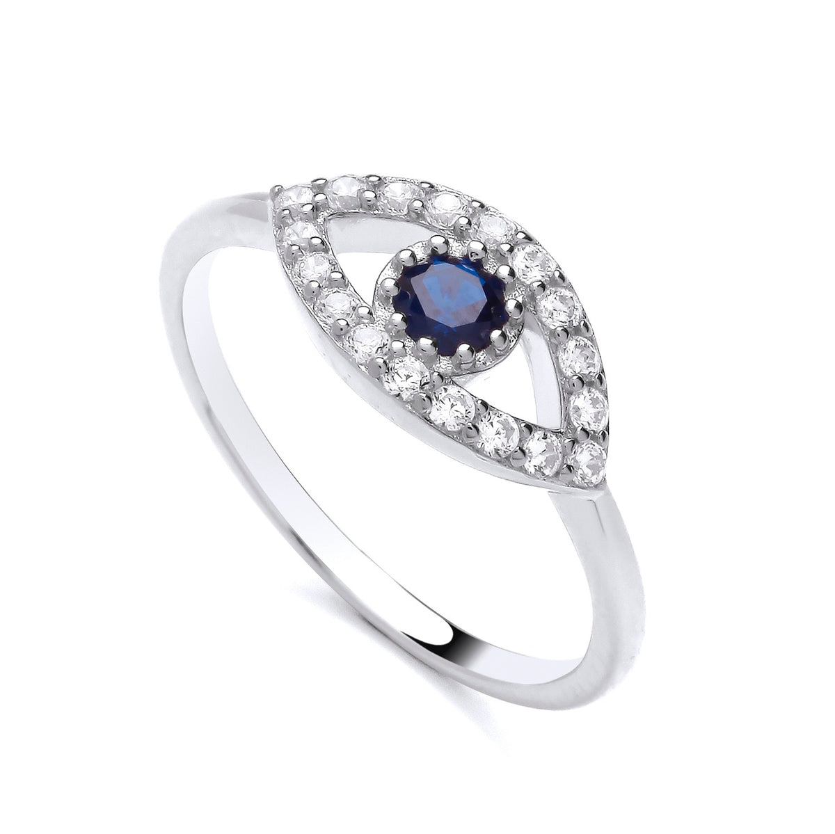 Silversmiths Evil Eye Ring in sterling silver with a simulated sapphire center and a CZ halo.