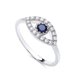 Silversmiths Evil Eye Ring in sterling silver with a simulated sapphire center and a CZ halo.