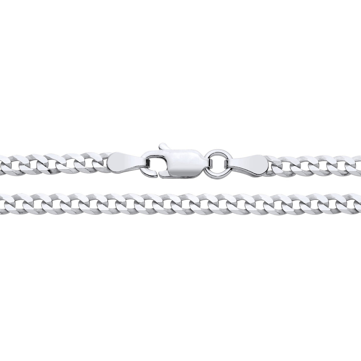 Silversmiths 3mm sterling silver super flat curb chain with lobster clasp shown close-up on a plain white background.