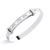 Sterling silver baby bangle with expandable fit and stork motif, finished with a polished surface.