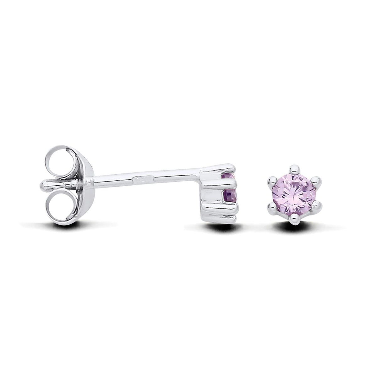 Silversmiths sterling silver stud earrings with round simulated amethyst in six-prong settings, shown front and side.