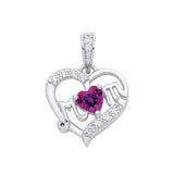 Sterling silver heart pendant with “Mum” design, featuring simulated amethyst and clear stones.
