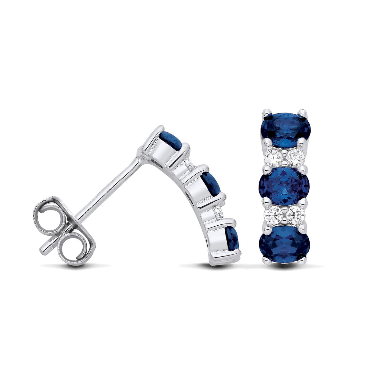 Silversmiths sterling silver drop stud earrings with simulated sapphire and CZ, shown from front and side views.