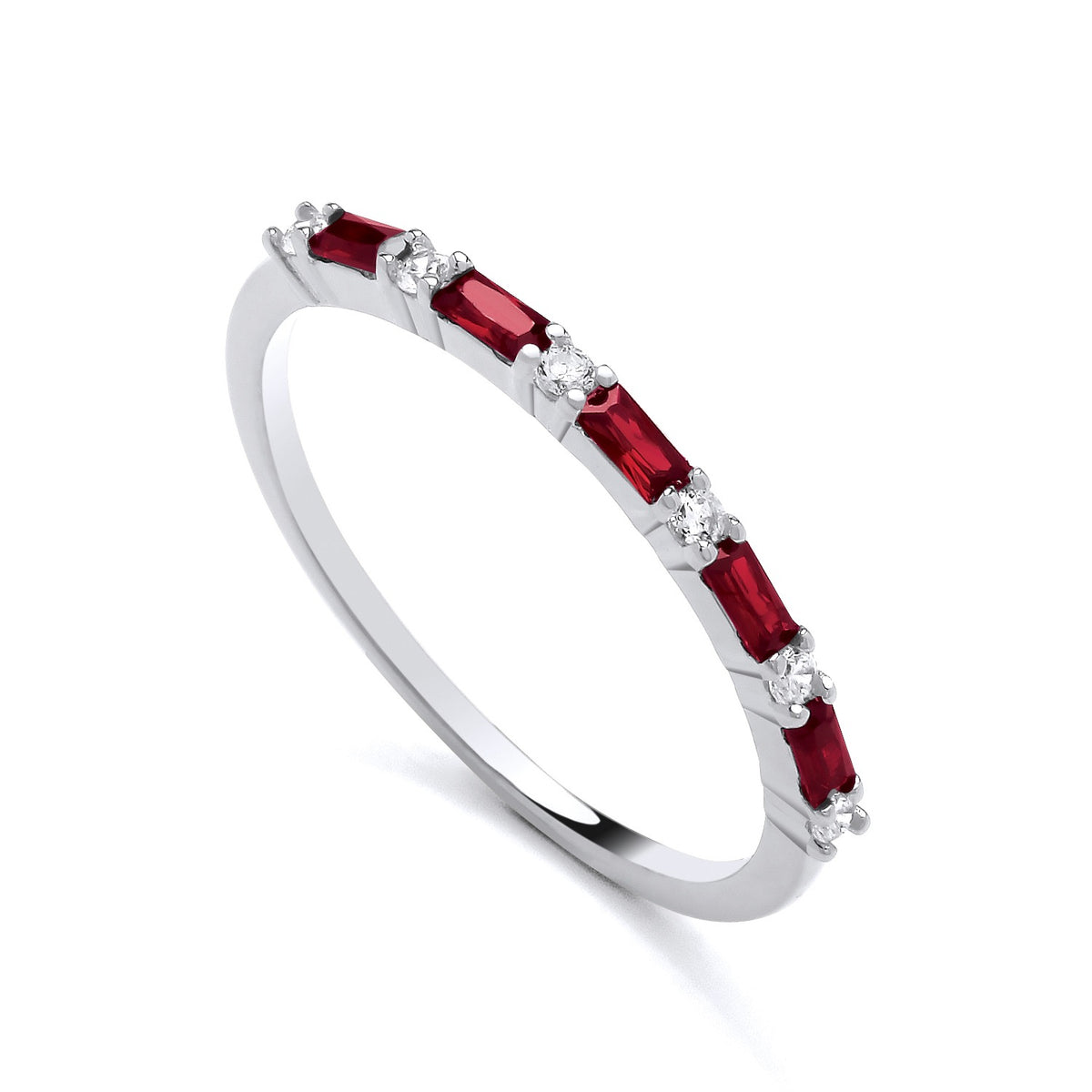 A sterling silver eternity ring with simulated rubies and CZ baguettes is shown on a white background.
